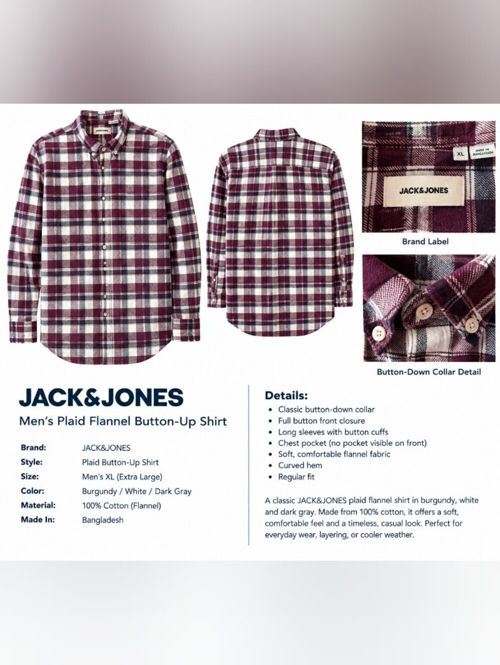 Xl. Jack & Jones Burgundy and White Plaid Button-Down Shirt